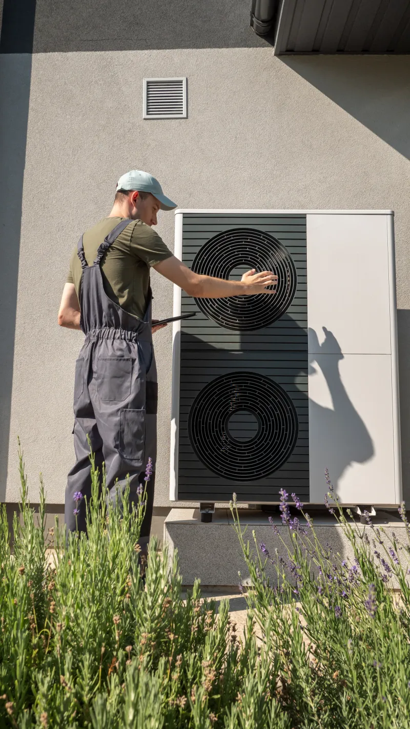 HeroWerk Monteur prüft eine Außen-Wärmepumpe vor einem Wohnhaus